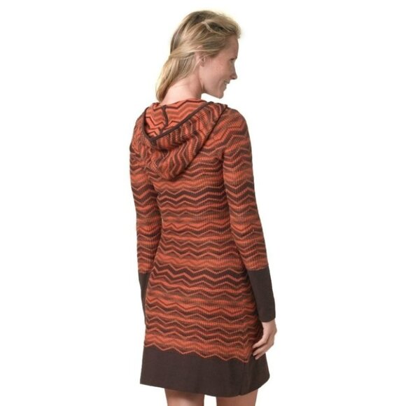 Prana Meryl hooded a chevron orange and brown long sleeve sweater dress small - Picture 2 of 14